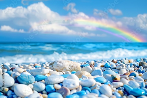 beach with blue and white pebbles  a blue sky with rainbow and colorful clouds in the background