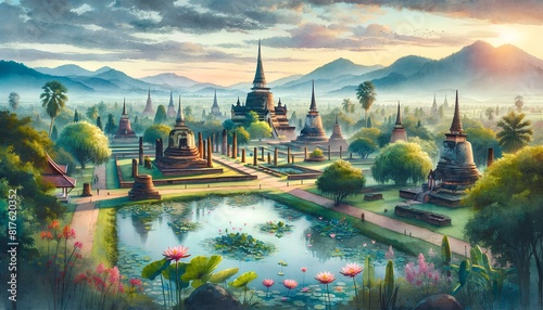 watercolor painting of Sukhothai, Thailand. It beautifully captures the ancient temples and serene landscape in a wide-angle view photo
