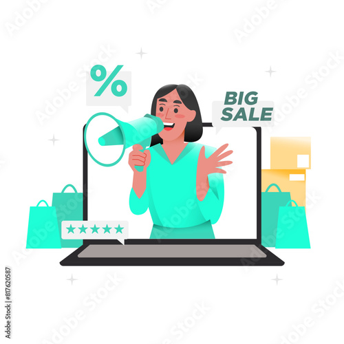 Vector of woman promote the discount and big sale using megaphone on laptop
