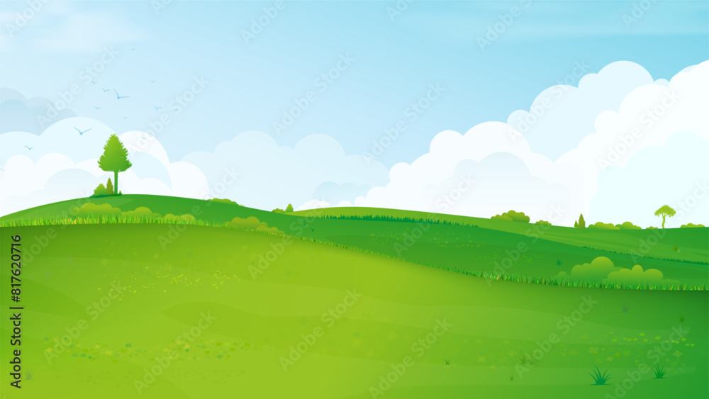 Abstract summer landscape with meadows, plants, bushes, trees, blue sky and clouds