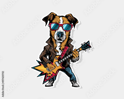 Cool dog in rockstar clothes with sunglasses and guitar vector illustration, Generative AI