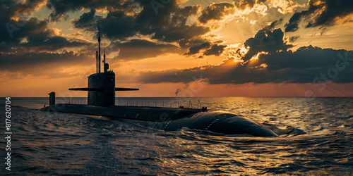 Submarine Sailing in the Ocean at Sunset