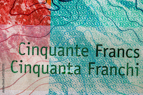 CHF money banknotes, detail photo of swiss franc