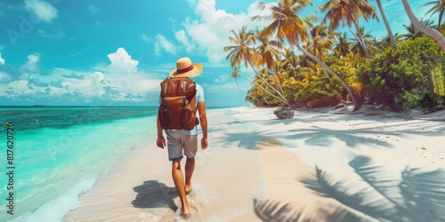 Man Walking on Beach With Palm Trees