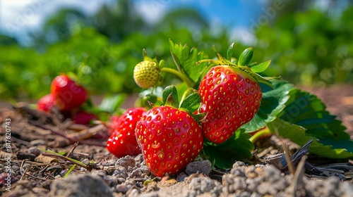 Strawberries growing in a field.