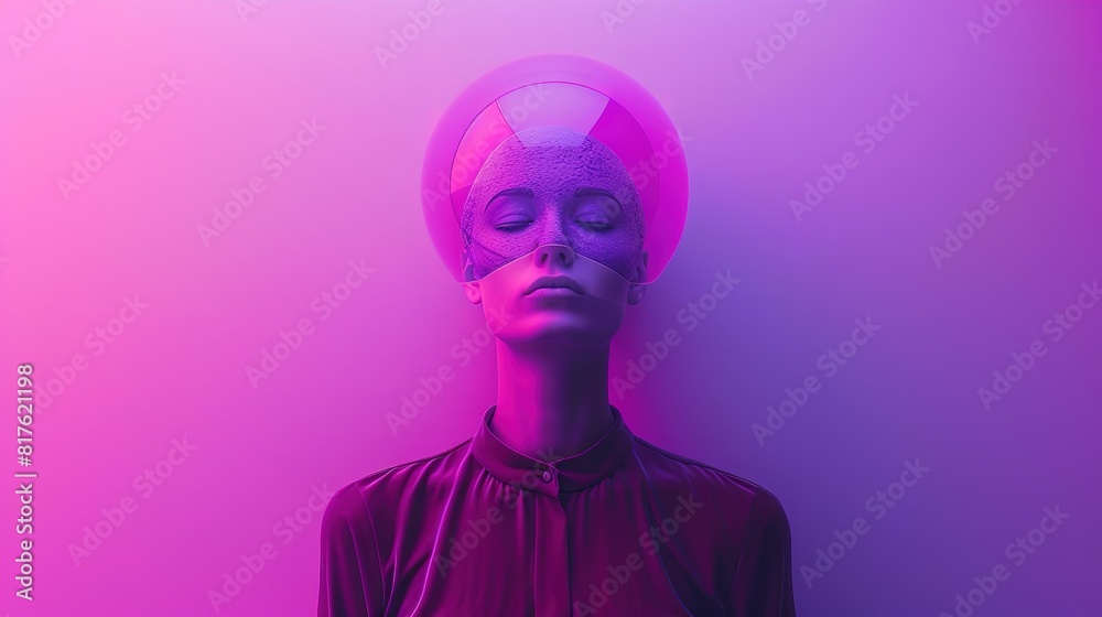 Womans Face Covered in Blue and Pink Light