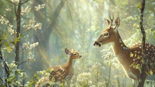 A deer and its baby are standing in a forest