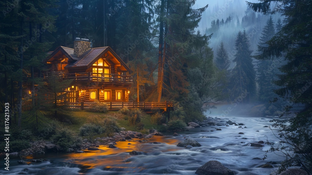 Fototapeta premium A cabin in the woods at night.