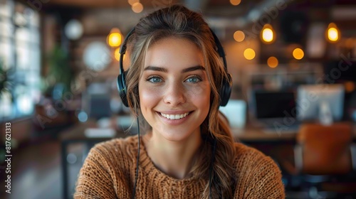 Young Woman with Headphones Enjoying Music in a Cozy Café
