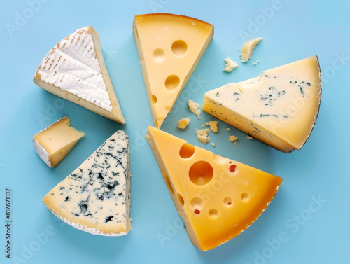 Variety of cheese slices on blue background © Jaroslav Machacek