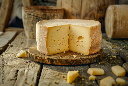 Whole cheese wheel cut open on wood © Jaroslav Machacek