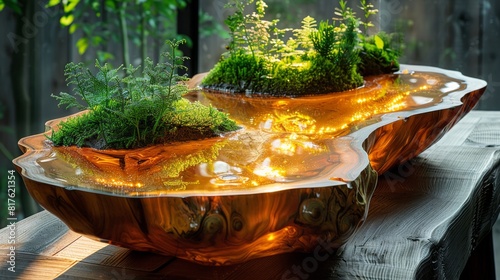 Creative resin table with embedded plants illuminated by natural sunlight indoors