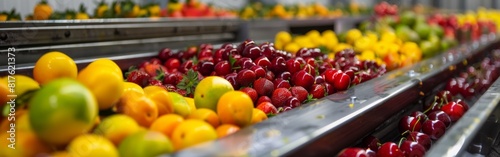 A fruit stand with a variety of fruits including apples  oranges  and cherries. The fruits are displayed on a metal shelf  and the scene gives off a fresh and healthy vibe