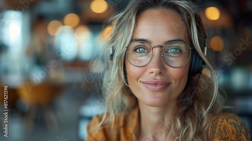 Smiling Woman Wearing Glasses at a Cozy Café