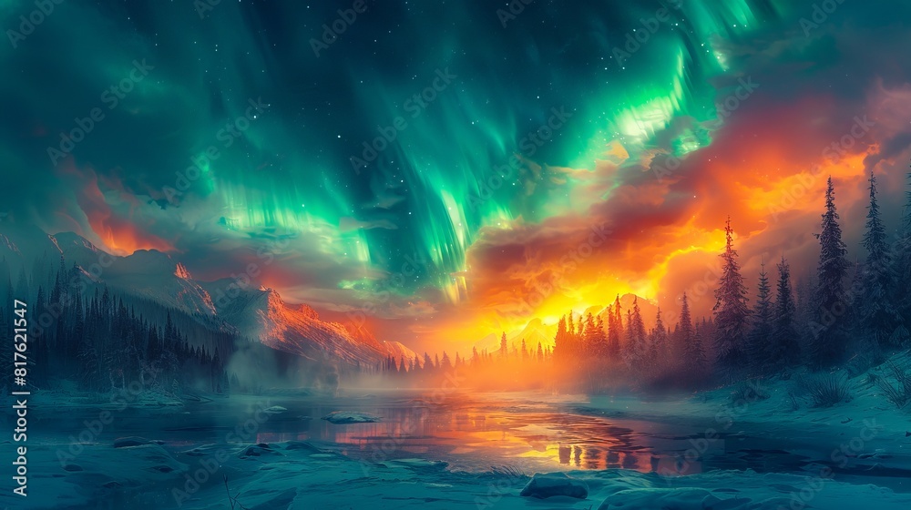 Fototapeta premium A beautiful painting of the aurora borealis over a lake.