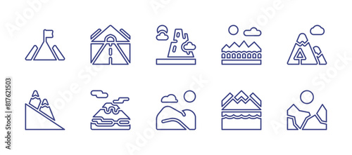 Mountain line icon set. Editable stroke. Vector illustration. Containing mountain, goal, road, teide, hills.