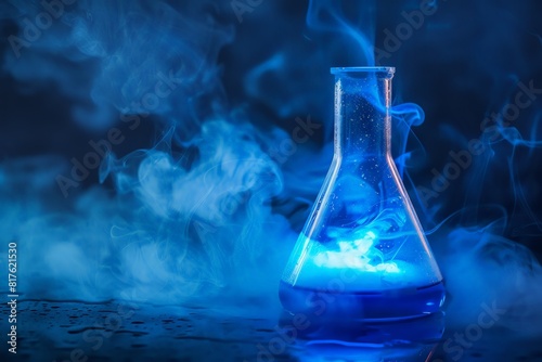 A blue glass vase with a blue liquid inside is surrounded by a blue fog