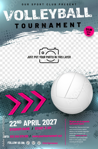 Volleyball tournament poster template with ball, arrows and place for your photo
