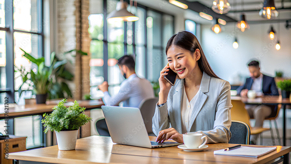Asian Freelance Businesswoman taking a phone call in a co-working space Asian Freelance Businesswoman taking a phone call in a co-working space