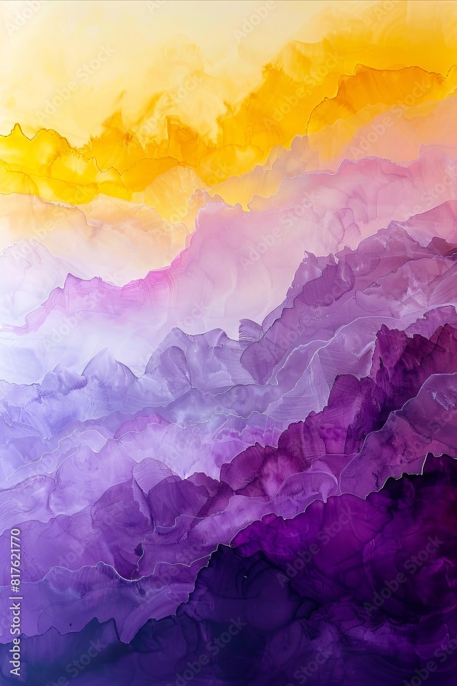 A painting of mountains with purple and yellow colors. A painting of mountains with purple and yellow colors.