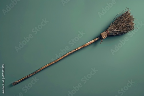 Banner Space for Text: Broomstick: A witch's broomstick with a twiggy end on a muted green background photo