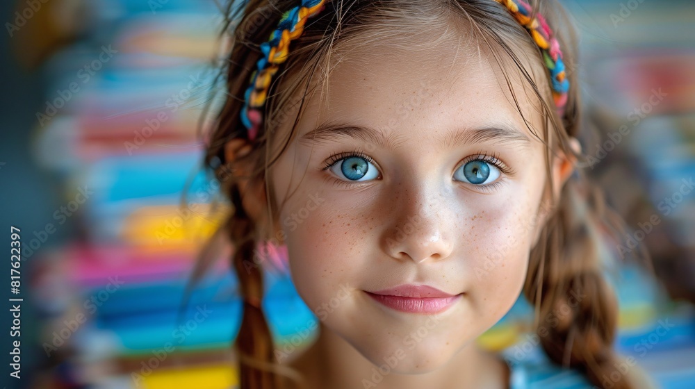 A young girl in front of books indoors