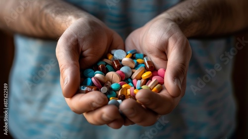 Pile of Colorful Pills in Cupped Hands © Rade Kolbas
