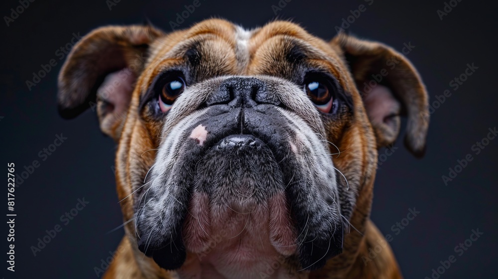 A close up of a brown and white bulldog. A close up of a brown and white bulldog.