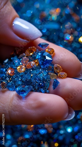A person holding a handful of blue and orange diamonds.