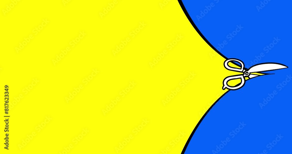 Presentation cartoon sideshow titles color yellow blue transition 3 wipe scissors background. Cartoon animation preset motion design element. Business, finance, education, art, fashion, etc...