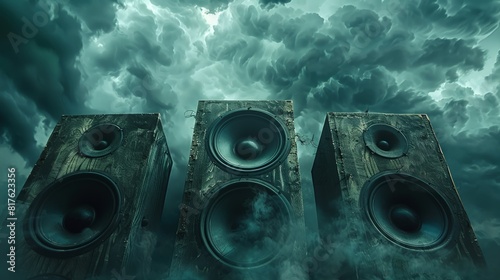 Powerful outdoor loudspeakers in the rain with dramatic perspective and dark stormy sky