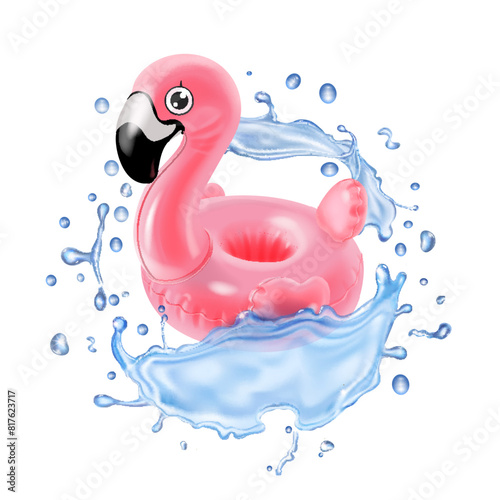 3d pink flamingo, inflatable swimming pool ring, tube, float with water splash. Vacation holiday icon, beach sea ocean summer vacation. Vector illustration isolated on white background
