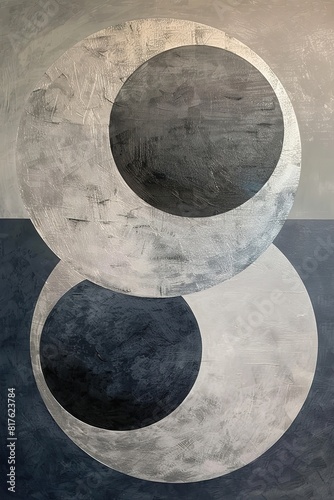A painting displaying a black and white design, featuring intricate patterns and contrasting tones, Abstract geometric patterns in soft neutral tones