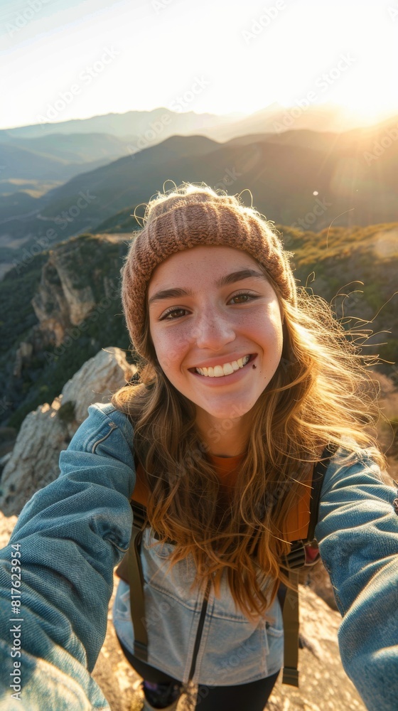 A woman with a brown hat and a blue jacket is smiling and taking a selfie. She is wearing a backpack and has her hair in a ponytail A woman with a brown hat and a blue jacket is smiling and taking a selfie. She is wearing a backpack and has her hair in a ponytail