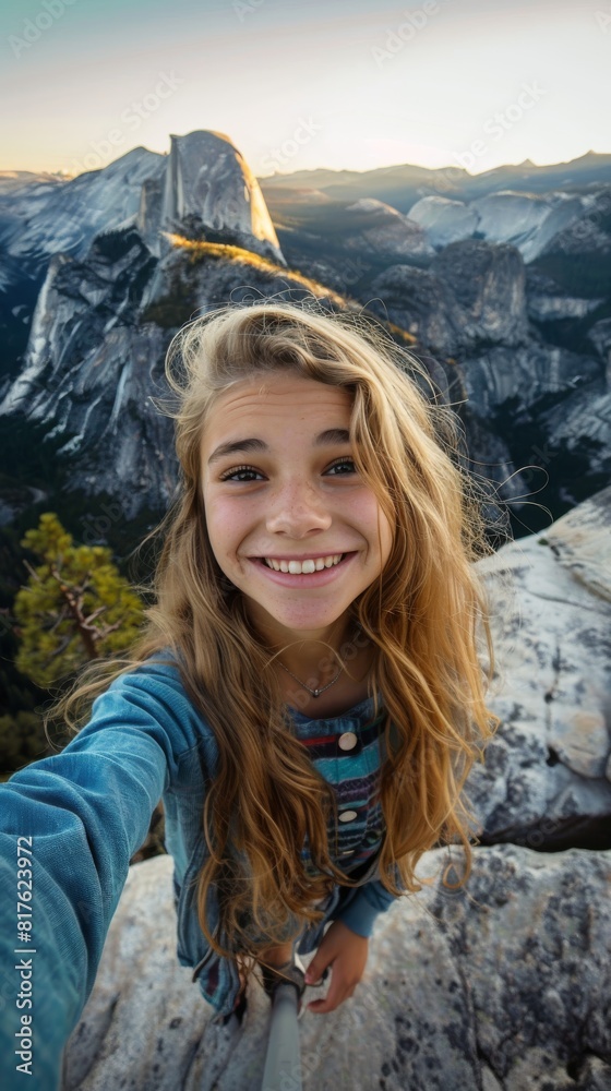 Naklejka premium A girl with long blonde hair is smiling and taking a selfie on a mountain. The photo has a happy and adventurous mood, as the girl is enjoying her time outdoors and capturing the moment