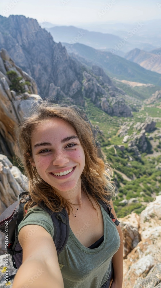 A woman is smiling and taking a selfie on a mountain. The photo captures a moment of happiness and adventure