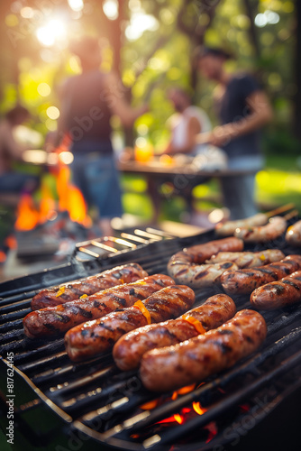 Grill in the garden with sausages, vegetables, and steaks