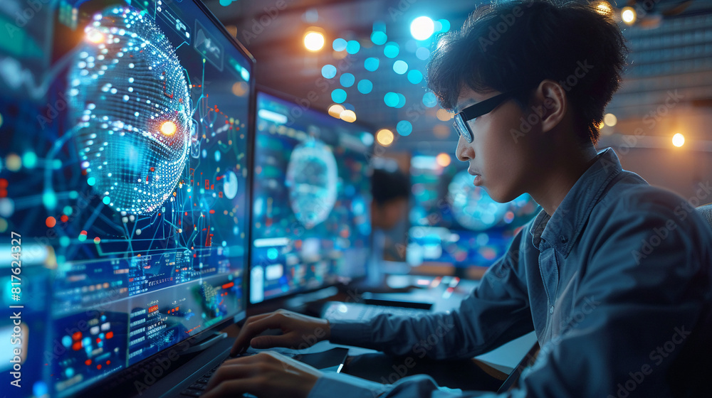 Data science digital technology concept. Computer science engineer programming on laptop at smart office