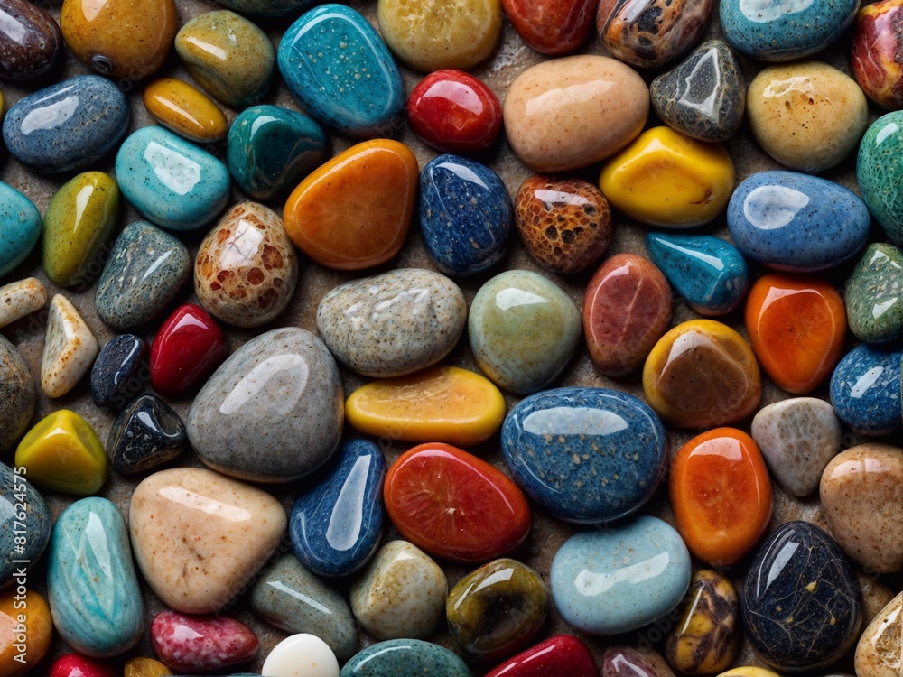 Multi-colored smooth stones close-up, different textures and shades. Generative AI. Multi-colored smooth stones close-up, different textures and shades. Generative AI.