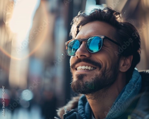 Smiling Bearded Man Enjoying Sunlight in Urban Setting Wearing Sunglasses