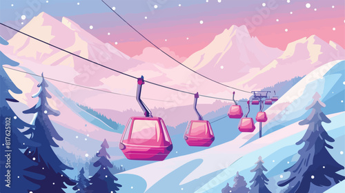Pink cable cars moving above the ground against winte photo