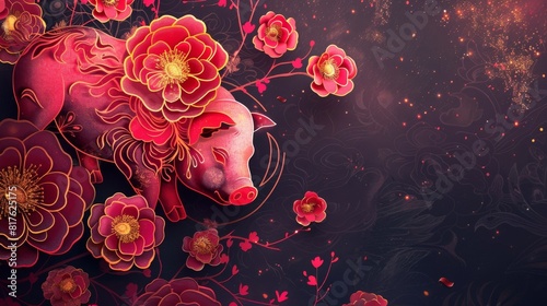 Pig is a symbol of the 2019 Chinese New Year. Greeting card in Oriental style. Red and pink peonies flowers, shiny glitters, decorative elements around Golden zodiac sign Pig on dark background. photo