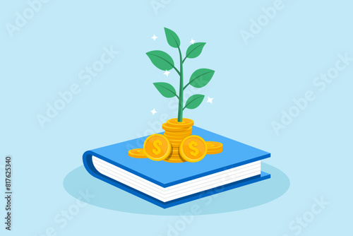 Flat illustration of plant growing from pile coins on book knowledge and learning investments