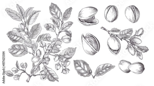 Pistachio plant hand drawn vector illustrations set.