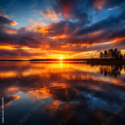 The setting sun casts a golden glow on the lake. The sky is ablaze with color  and the clouds are reflected in the water. The scene is peaceful and serene.