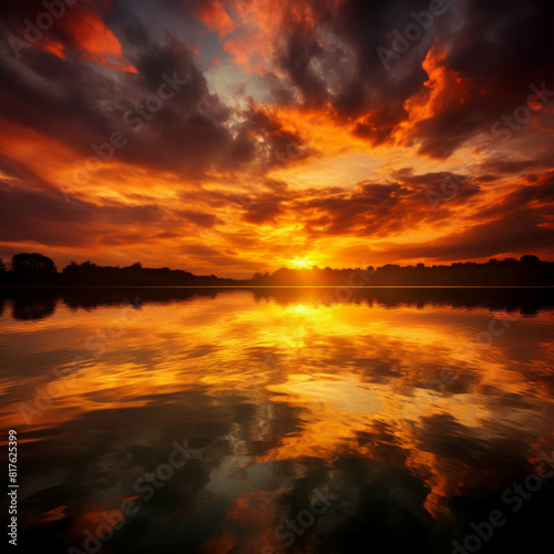 The setting sun casts a golden glow on the lake.