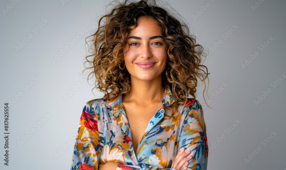 Smiling Confident Young Woman with Curly Hair in Colorful Floral Shirt, Positive Vibes, Studio Portrait on White Smiling Confident Young Woman with Curly Hair in Colorful Floral Shirt, Positive Vibes, Studio Portrait on White