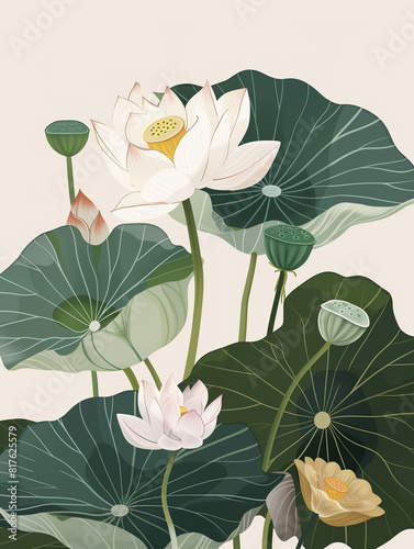 Elegant Botanical Illustration of Lotus Flowers and Leaves