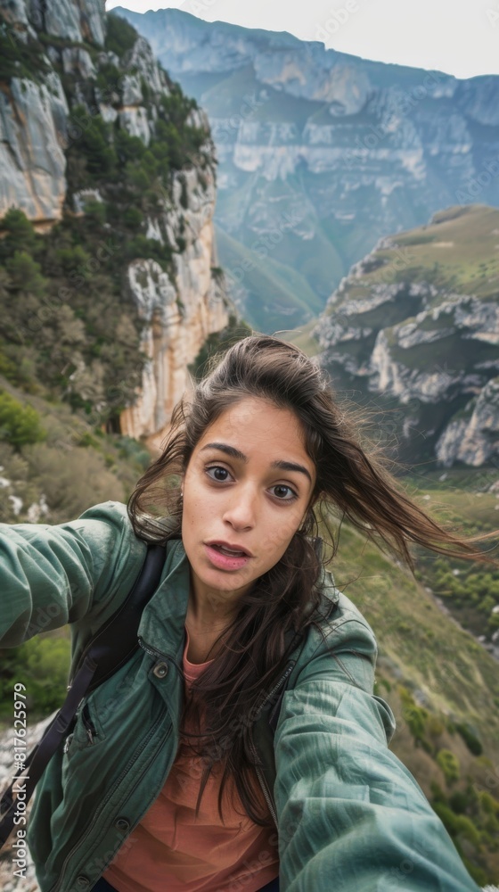 A woman is taking a selfie in front of a mountain. She is wearing a green jacket and has a backpack on her back. The photo has a moody and adventurous feel to it