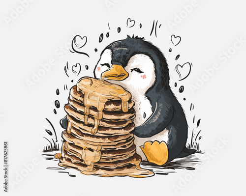 Happy penguin eating pancakes vector, Generative AI